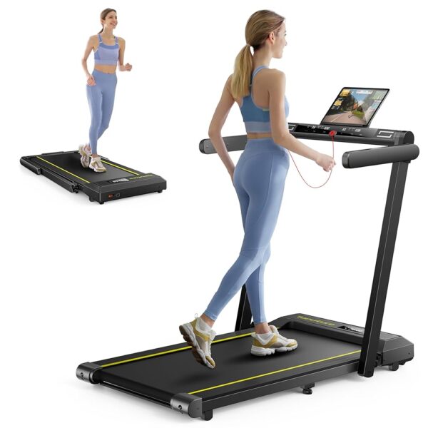 2 in 1 Folding Treadmill, 2.5HP Under Desk Treadmill Portable Walking Pad Treadmills for Home Office with Dual LED Display, Large Running Area, App & Bluetooth Speaker, 0.6-10MPH