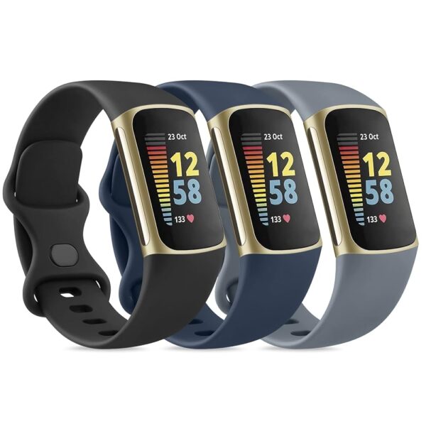 3 Pack Sport Bands Compatible with Fitbit Charge 5 Bands & Fitbit Charge 6 Bands, Classic Soft Wristbands for Fitbit Charge 5/6 Fitness Tracker (Large,Black/Navy Blue/Blue Gray)