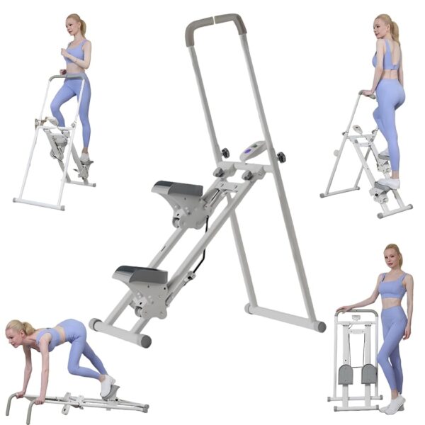 Climber & Stepper for Exercise, Folding Fitness Stair Stepper with Adjustable Height Handlebar and LCD Monitor, Full Body Workout Machine, Rope and Pulley Resistance System for...