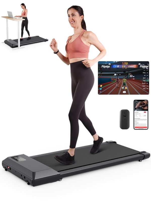 DeerRun Walking Pad Treadmill, Under Desk Treadmills for Home Office, Quiet Compact Walking Treadmill, 2.5 HP, APP/Remote Control, LED Display, Installation-Free