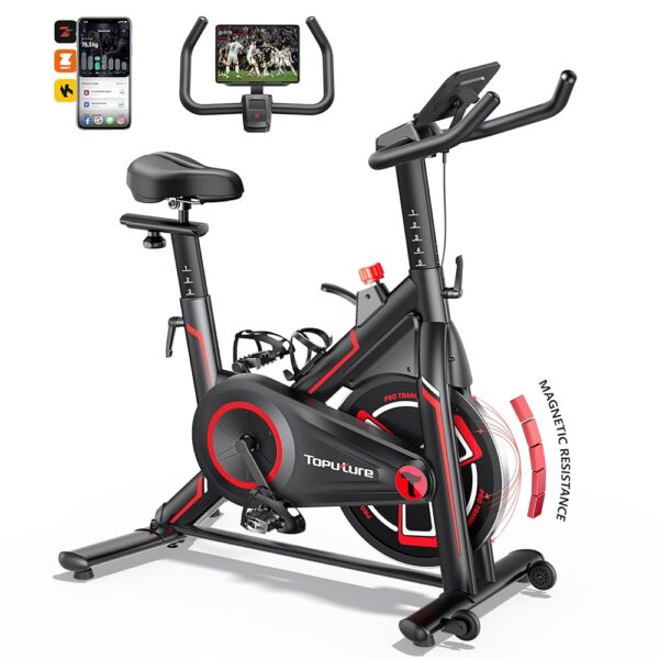 Exercise Bike with Exclusive App, Magnetic Resistance/Brake Pad Indoor Cycling Bike Spin Bike, 330LBS Capacity Cardio Stationary Bike with Tablet Holder, LCD Monitor, Silent...