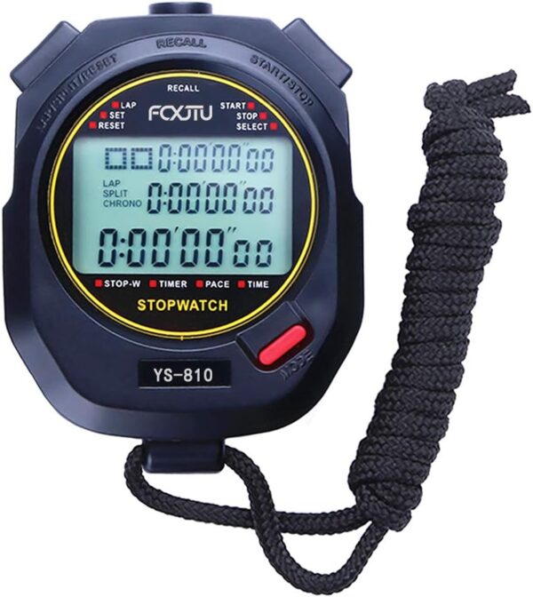 FCXJTU Digital Sports Stopwatch Timer 10/100 Lap Split Memory Stopwatch Calendar Alarm, Pace Mode with 3-Row Extra Large Screen Water Resistant Includes Battery, Lanyard for P.E...