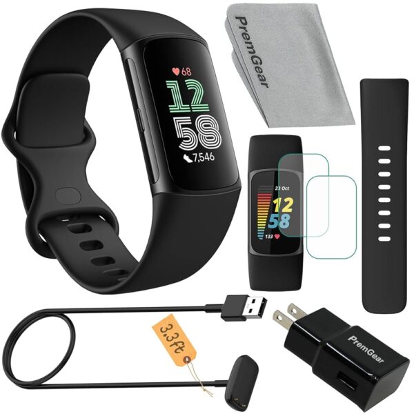 Fitbit Charge 6 Fitness Tracker Watch (Black) Bundle with 2 Watch Bands, 3.3foot Charge Cable, Wall Adapter, Screen Shields & Cloth Compatible with Fitbit