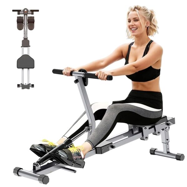 Home Folding Rowing Machine, Hydraulic Rowing Machine. Dual Tracks for Quieter, Indoor Fitness。with 12 Levels of Adjustable Resistance. LCD Display for Real-time Recording