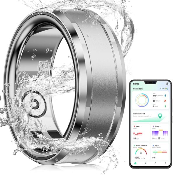 Men's Wedding Band, Smart Ring with Bluetooth IP68 Waterproof Fitness Tracker, Health and Step Monitoring, Lightweight Mens Ring for iOS and Android (Silver)