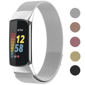 Metal Mesh Loop Bands for Fitbit Charge 5/Charge 6 Band for Women Men, Adjustable Stainless Steel Wristbands Replacement Straps for Charge 5/6 Activity Tracker
