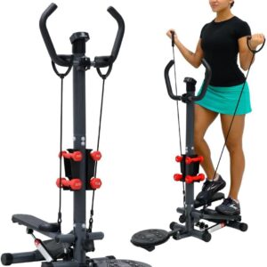 Multi-Function Mini Stepper 300+ lb capacity - Exercise Stepper Machine with Adjustable Twist Table, Dumbbells, and LCD Monitor - Mini Stair Steppers for Exercise at Home with...