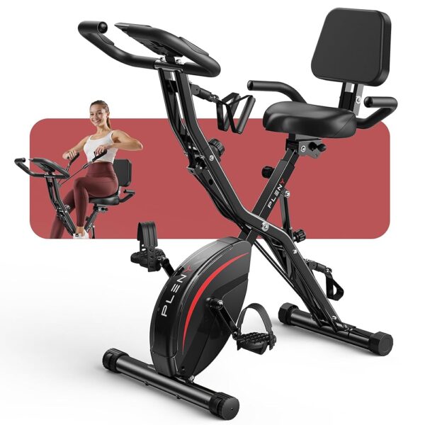 Pleny Folding Exercise Bike, 5 IN 1 Stationary Bike 5.5 LBS Flywheel Exercise Bike, Indoor Workout Bike 330LB Weight Capacity Back Support Cushion for Home Gym Workout, Black-red
