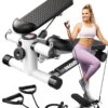 Steppers for Exercise at Home, Mini Stair Stepper with Resistance Bands, Portable Under Desk Stepper Workout Step Machine 300 lbs Weight Capacity