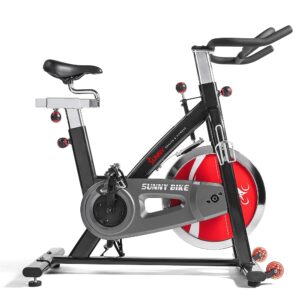 Sunny Health & Fitness Heavy-Duty Indoor Stationary Exercise Bike, 4-Way Adjustable Seat for Cycling Cardio workout at Home, Optional 49 LB Flywheel & Free Exclusive SunnyFit...