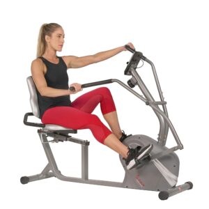 Sunny Health & Fitness Magnetic Recumbent Bike w/Adjustable Wide Cushion Seat, Home Stationary Exercise Machine for Adult/Seniors, Optional Arm Exerciser & Exclusive SunnyFit...