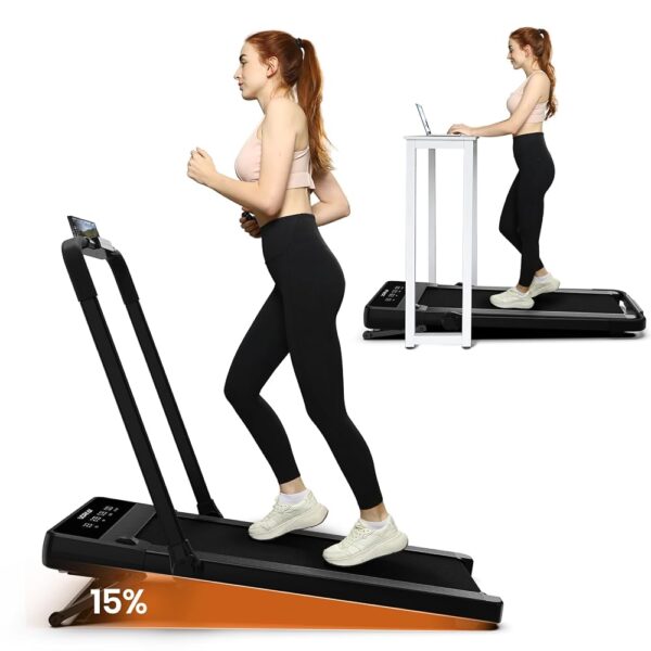 Treadmills for Home with 15% Auto Incline, 2 in 1 Foldable Treadmill with Remote Control, Incline Under Desk Walking Pad Treadmill with HIIT Modes, Low Noise Folding Treadmill