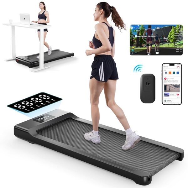 Under Desk Treadmill with APP, Intelligent Walking Pad Treadmill for Home/Office, Portable Walking Treadmill with Remote Control and LED Screen, Low-Noise Desk Treadmill for...