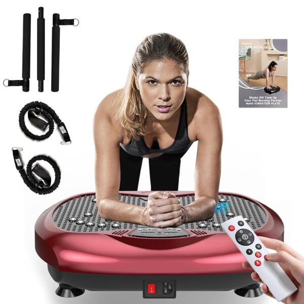 Vibration Plate Exercise Machine - Whole Body Workout Vibration Platform Lymphatic Drainage Machine for Weight Loss Home Fitness w/Pilates Bar + Resistance Bands + Remote