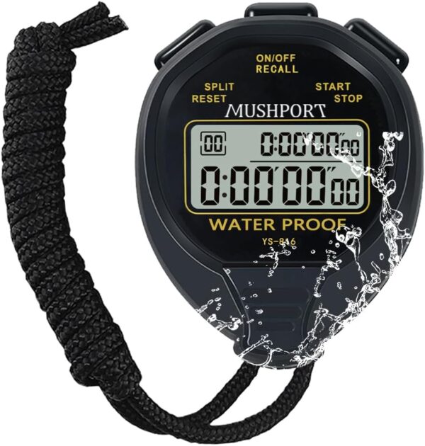 Waterproof Stopwatch Timer 30 Laps/Splits Only Stopwatch Mode, ON/Off Silent Memory Recall Simple Operation, Digital Stop Watch for Sports Swimming Running, Black