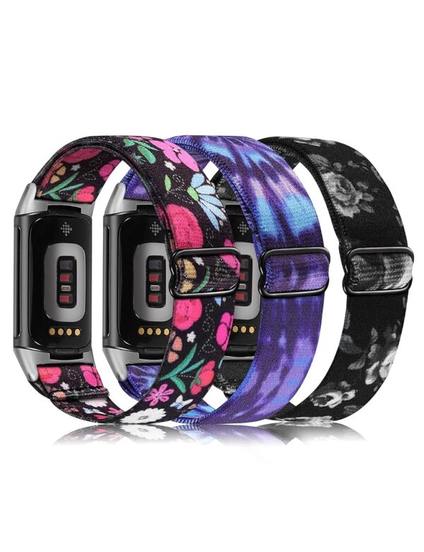 Wearlizer 3 Packs Adjustable Elastic Band Compatible with Fitbit Charge 6 Bands/Charge 5 Bands for Women Men, Stretchy Loop Strap Soft Nylon Sport Wristband Accessories for...